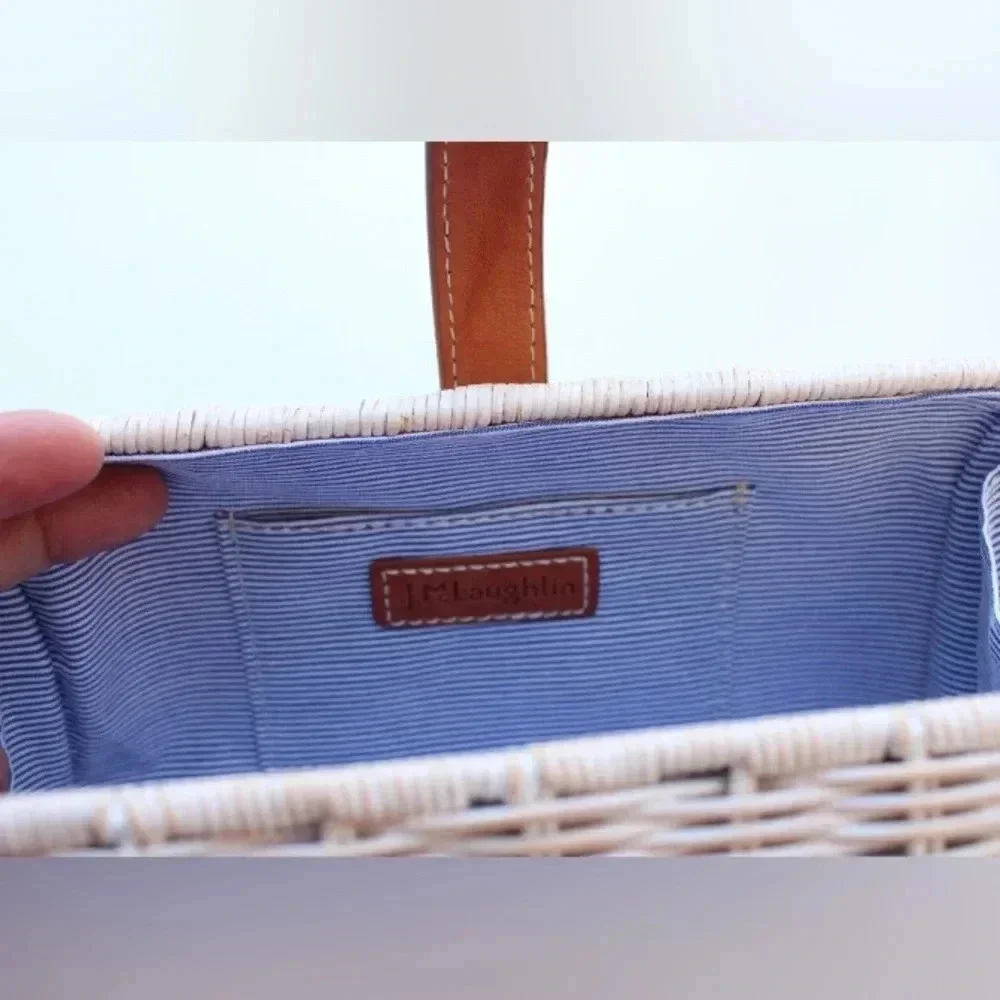 J. McLaughlin Cream Wicker Clutch with Tan Leather Strap